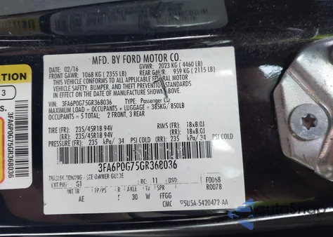 2016 Ford Fusion S из США, поврежденный, VIN 3FA6P0G75GR368036